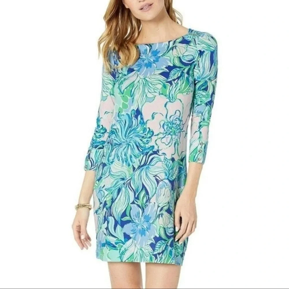 Lilly Pulitzer Sophie Floral Blue and Green Boat Neck, 3/4 length Sleeve, Small - Picture 1 of 4